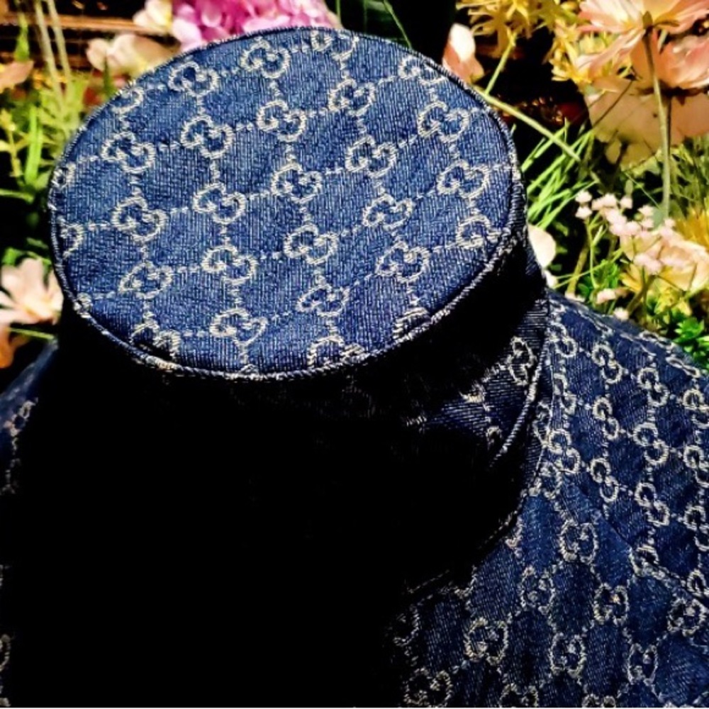 Gucci GG Denim Monogram Bucket Hat Wide Large Brim Navy Blue Jacquard Beach - Picture 8 of 16